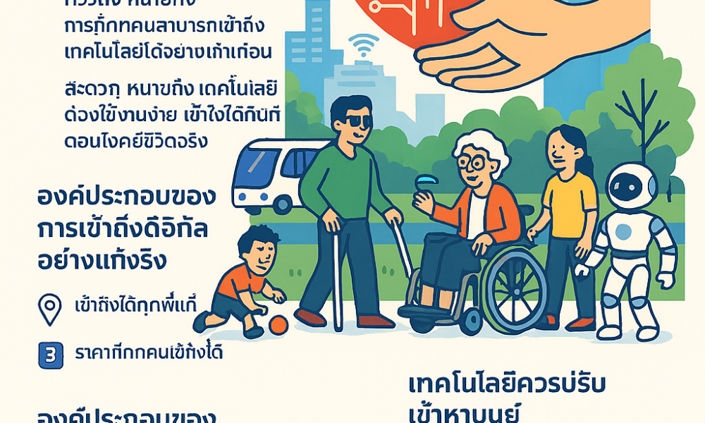 อินโฟกราฟิกภาษาไทยเกี่ยวกับเทคโนโลยีดิจิทัลที่ครอบคลุมทุกคน ประกอบด้วยมือที่จับหัวใจพร้อมเส้นดิจิทัล ล้อมรอบด้วยผู้คนหลากหลาย ไอคอนสำหรับสุขภาพ การสื่อสาร การศึกษา การเข้าถึง และจุดสรุปที่ด้านล่าง.