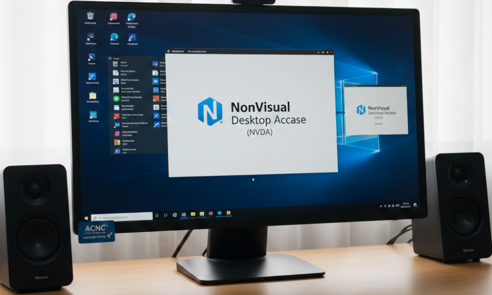 คอมพิวเตอร์มอนิเตอร์บนโต๊ะแสดงหน้าจอ NVDA (NonVisual Desktop Access) พร้อมลำโพงทั้งสองข้างและเว็บแคมอยู่ด้านบนของมอนิเตอร์ หน้าจอเดสก์ท็อปแสดงไอคอนและหน้าต่างที่เปิดอยู่.