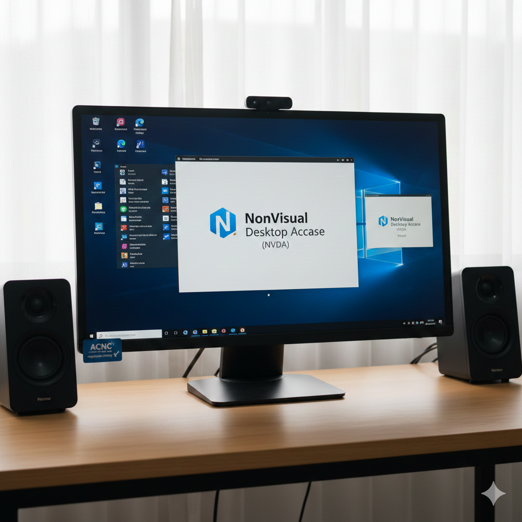 คอมพิวเตอร์มอนิเตอร์บนโต๊ะแสดงหน้าจอ NVDA (NonVisual Desktop Access) พร้อมลำโพงทั้งสองข้างและเว็บแคมอยู่ด้านบนของมอนิเตอร์ หน้าจอเดสก์ท็อปแสดงไอคอนและหน้าต่างที่เปิดอยู่.