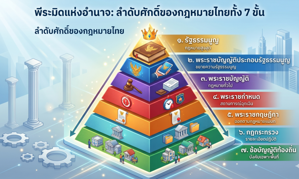 พีระมิดอินโฟกราฟิกสีสันสดใสที่แสดง 7 ระดับลำดับชั้นของกฎหมายไทย พร้อมป้ายข้อความภาษาไทยสำหรับแต่ละชั้นและไอคอนสัญลักษณ์ที่แสดงถึงอำนาจทางกฎหมาย รัฐธรรมนูญ พระราชกฤษฎีกา และระเบียบข้อบังคับ.
