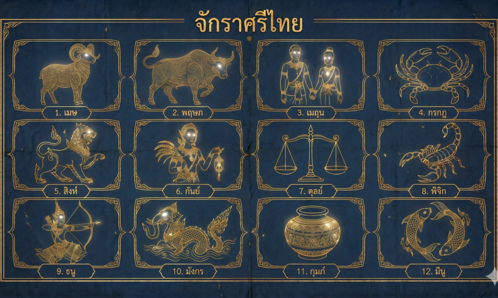 แผนภูมิแสดง 12 ราศีของไทยพร้อมภาพประกอบสีทองบนพื้นหลังสีน้ำเงิน แต่ละราศีมีป้ายชื่อเป็นภาษาไทยและหมายเลข 1 ถึง 12 โดยมีสัตว์ หม้อ คู่คน และชุดตาชั่ง.