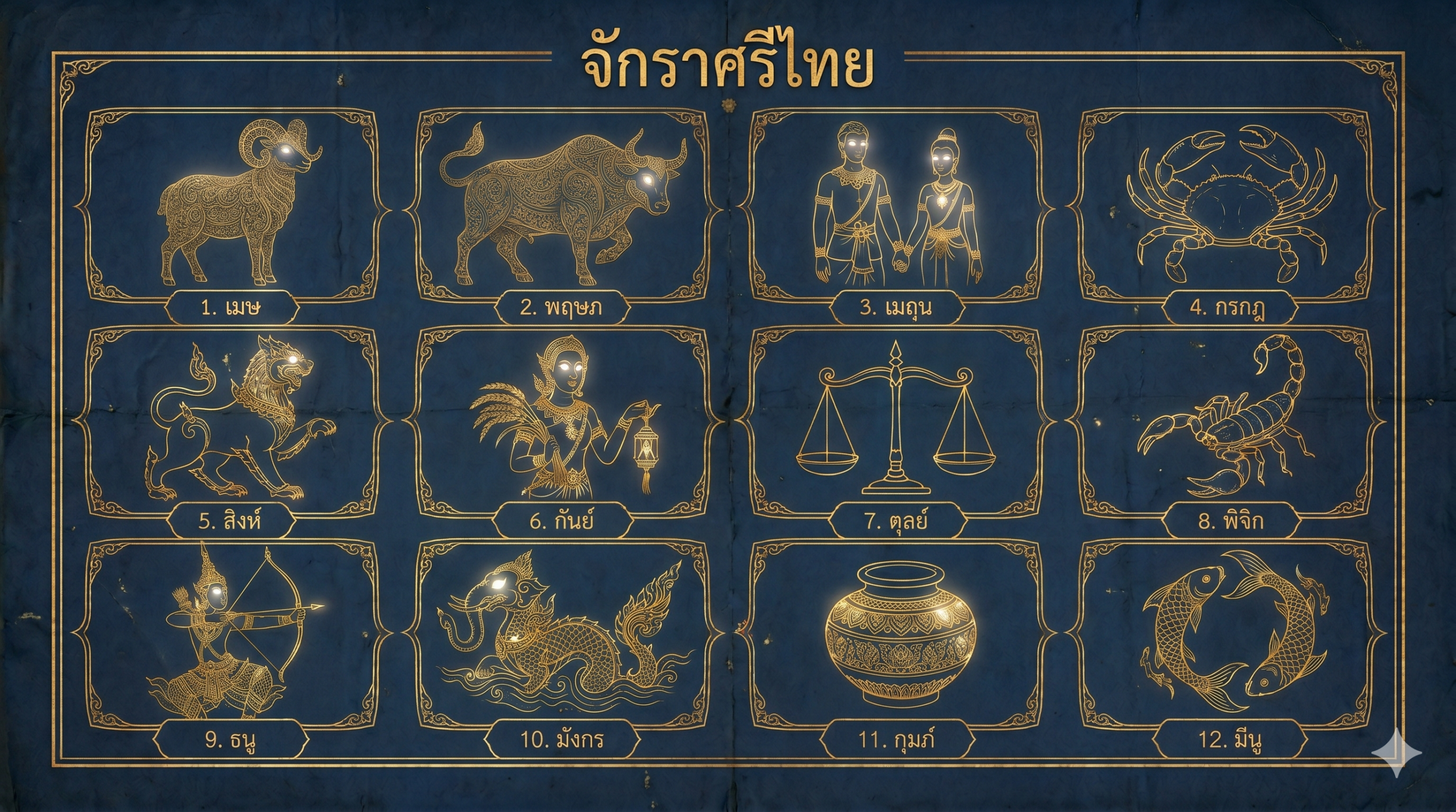 แผนภูมิแสดง 12 ราศีของไทยพร้อมภาพประกอบสีทองบนพื้นหลังสีน้ำเงิน แต่ละราศีมีป้ายชื่อเป็นภาษาไทยและหมายเลข 1 ถึง 12 โดยมีสัตว์ หม้อ คู่คน และชุดตาชั่ง.