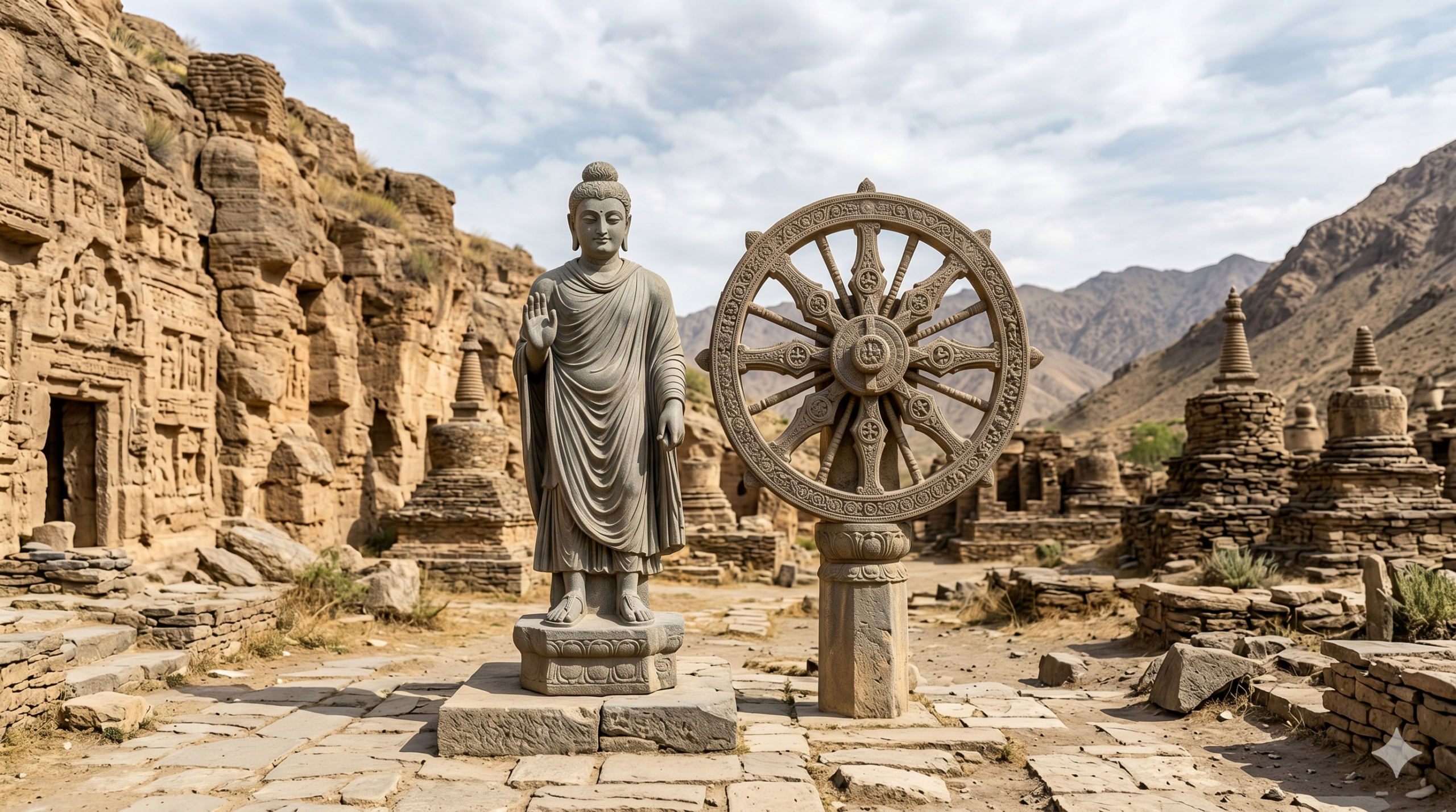 พระพุทธรูปหินตั้งอยู่ข้างล้อธรรมจักรขนาดใหญ่ท่ามกลางซากปรักหักพังโบราณและโครงสร้างหินแกะสลัก วางอยู่ในภูมิประเทศที่เป็นภูเขาแห้งแล้งภายใต้ท้องฟ้าที่มีเมฆบางส่วน.